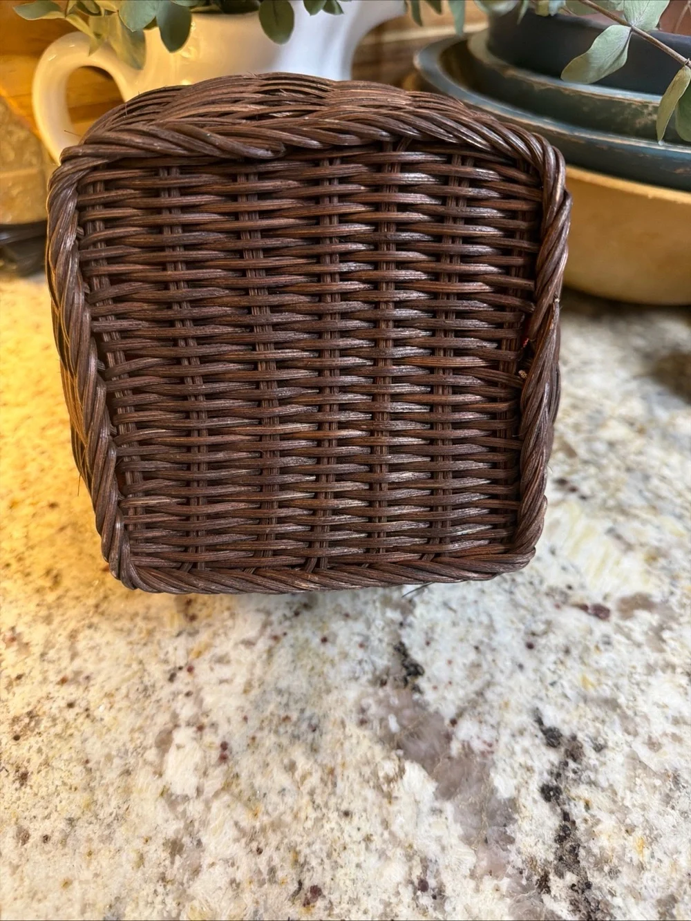 Wicker Basket Orange Cloth Lining Leather Straps Brass Hardware Small Decor